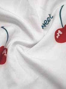 2pcs/Set Women Cherry Printed Bat-Wing Short Sleeve T-Shirt And Shorts Set 2 Pieces Set: Waist Drawstring Short Sleeve Top And Shorts, Casual Summer Outfit - White and Red - View 5