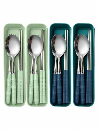 4 件便携式餐具套装、个性化可重复使用餐具、节日用不锈钢便携式餐具套装、带盒露营餐具套装、带盒便携式旅行餐具套装、包括叉子、勺子、筷子和餐具收纳盒、餐具齐全、易于携带和存放、可用洗碗机清洗、适用于家庭、厨房、学校、办公室、户外活动、旅行、露营、野餐、圣诞礼物、返校。
