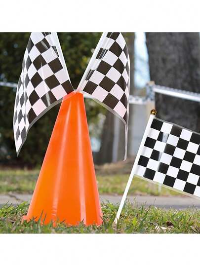 6/12/18/24/36pcs, Racing Traffic Cone And Flag Set, Including Racing Cones With Top Holes And Black And White Checkered Flags, Plastic Ground Track, Suitable For Birthday Party Decoration, Indoor And Outdoor Safety Signal Use