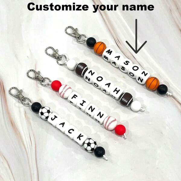Customized Name Sports Ball With Letter Bead Keychain - Football, Basketball, Baseball Keyring Gift For Women, Birthday Present, Fashionable Key Holder, Bead And Letter Design, Handmade Craft,Apparel Accessories,Chic Autumn, Utilitarian Chic