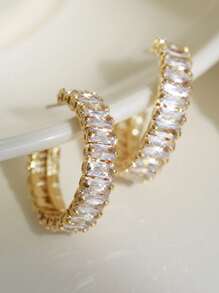 1 Pair Fashionable Rhinestone Inlaid Square C-Shaped Hoop Earrings, Suitable For Parties And Weddings