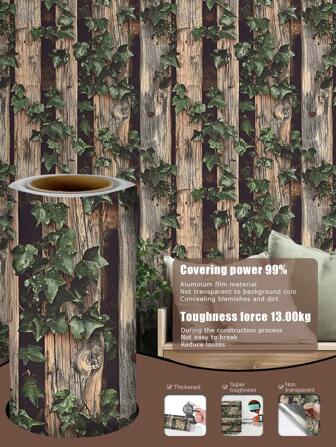 1 Roll 1m/3m/5m Vintage Wooden Stump, Withered Tree, Green Leaves, Ivy Retro Distressed Style, Suitable For Home Renovation, Room Decor, Cabinet Renewal, Bathroom Decoration, Vinyl Mural Wall, DIY, Waterproof, Anti-Fouling, Aluminum Foil Wallpaper, No Translucent Background, Concealing, Flexible, Easy To Clean, Self-Adhesive Wall Paper, Wall Mural, Wall Sticker Wall Stickers Wall Decor Kitchen Bedroom Living Room Decor