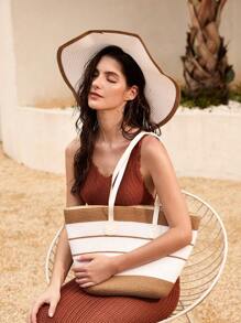 Tropiscape 草帽+草编包套装,女士彩色条纹草帽和手提包,适合夏季波西米亚风海滩度假,1顶时尚宽檐防晒帽,可折叠设计,1个带手机和储物隔层的手提包,适合户外休闲旅行和日常搭配,秋季圣诞节冬季圣诞礼物