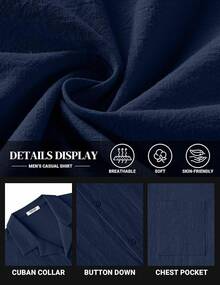 Mens Cotton Linen Shirt Casual Button Down Short Sleeve Shirts Summer Cuban Vacation Beach Shirts With Pockethalloween - Deep Blue - View 8