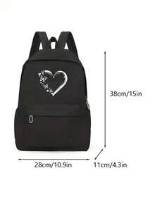 1pc Women'S Stylish Black Backpack With Heart & Butterfly Print - Lightweight, Large Capacity, Multi-Functional School & Travel Bag With Adjustable Straps, Zipper Closure, And Polyester Linin - Black - View 10