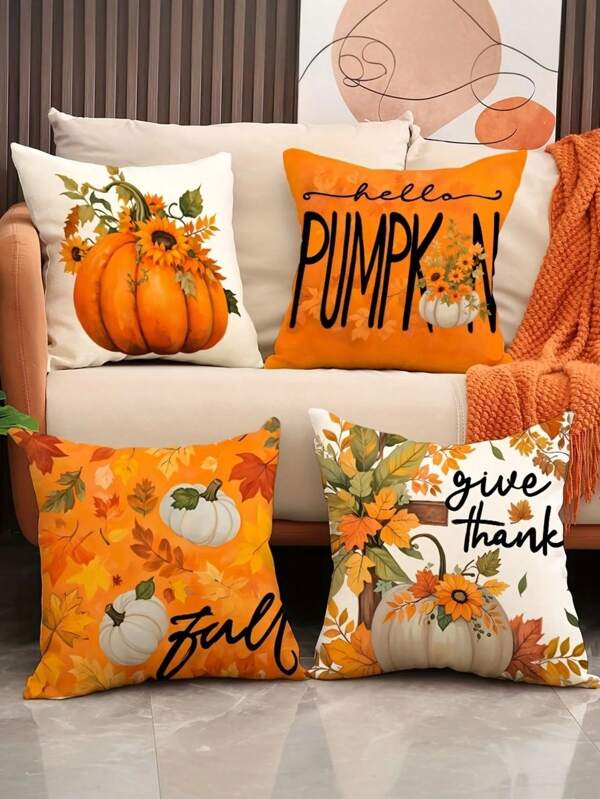 Set de 4 / 1 pieza Funda de almohada con diseño de otoño y Acción de Gracias - Girasol, calabaza, hoja de arce, estilo moderno, funda de cojín para decoración de otoño feliz, para decoración de habitación, hogar, sala de estar, sofá y dormitorio | 45 * 45 cm | Cierre con cremallera | Tela suave y cómoda - Duradera, resistente a la decoloración, lavable a máquina, adecuada para decoración del hogar en otoño y Acción de Gracias, no incluye relleno
