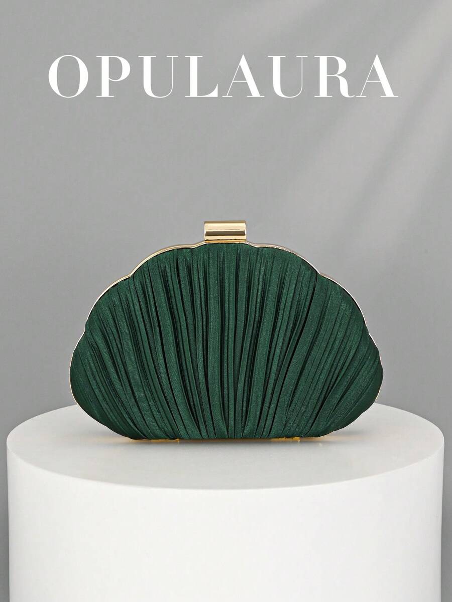 OpulAura 女士优雅/奢华褶皱缎面盒形鸡尾酒手拿包、浪漫婚礼手提包、精致晚礼服钱包、简约杏色盒形包，配有可拆卸链条，适合作为节日礼物 - 墨綠色 - 查看 1