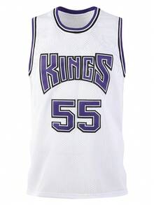 Atonmore Men's Basketball Jersey, No.55 White Color, Embroidered & Stitched Basketball Top, Sleeveless Sport Vest - White - View 1
