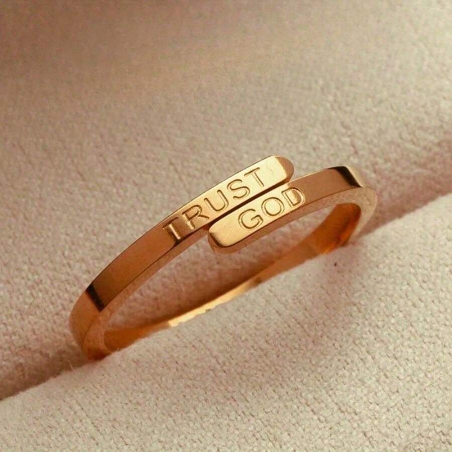 [1 Peça Anel Confie em Deus] 1 Peça Anel Ajustável de Aço Inoxidável Dourado com a Inscrição "Confie em Deus" | Design Elegante e Minimalista | Perfeito para Presentear Amigos em Festas ou Ocasiões Especiais, Usar como Inspiração
