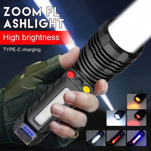 1 Stück Signallicht Taschenlampe mit drei Farben, Zoom, rotem, weißem, gelbem Gürtel-Seitenlicht, Stiftclip, elektrostatischem Display, USB-C-Aufladung, wasserdicht, geeignet für Outdoor-Camping, Haushaltsnotbeleuchtung