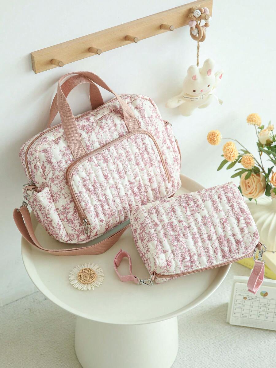 Floral Quilted Multi-Function Shoulder Diaper Bag, Large Capacity Mommy Tote Handbag With Side Pockets, Convenient For Travel With Baby Carriage - Multicolor - View 1