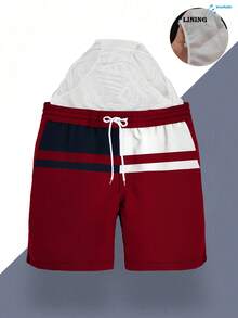 Men's Summer Printed Pattern Drawstring Waist Slant Pocket Hawaiian Quick-Dry Double-Layer Mesh Lining Shorts, Contrast Color 3D Artistic Print, Fashion Casual Beachwear Swim Trunks