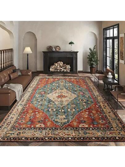 1pc Large Bohemian Patterned Mat Soft, Washable Vintage Complex Rust, Beige, Bruin Groen Bloemen Motifs, Living Room, Bedroom, Home Office Pattern Faux Fur Mat,