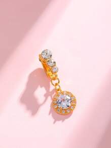 1pc 8mm Zirconia Stone & 3 Diamond Seamless Fake Belly Button Ring For Women, Basic Non-Piercing Navel Ring For Everyday Wear