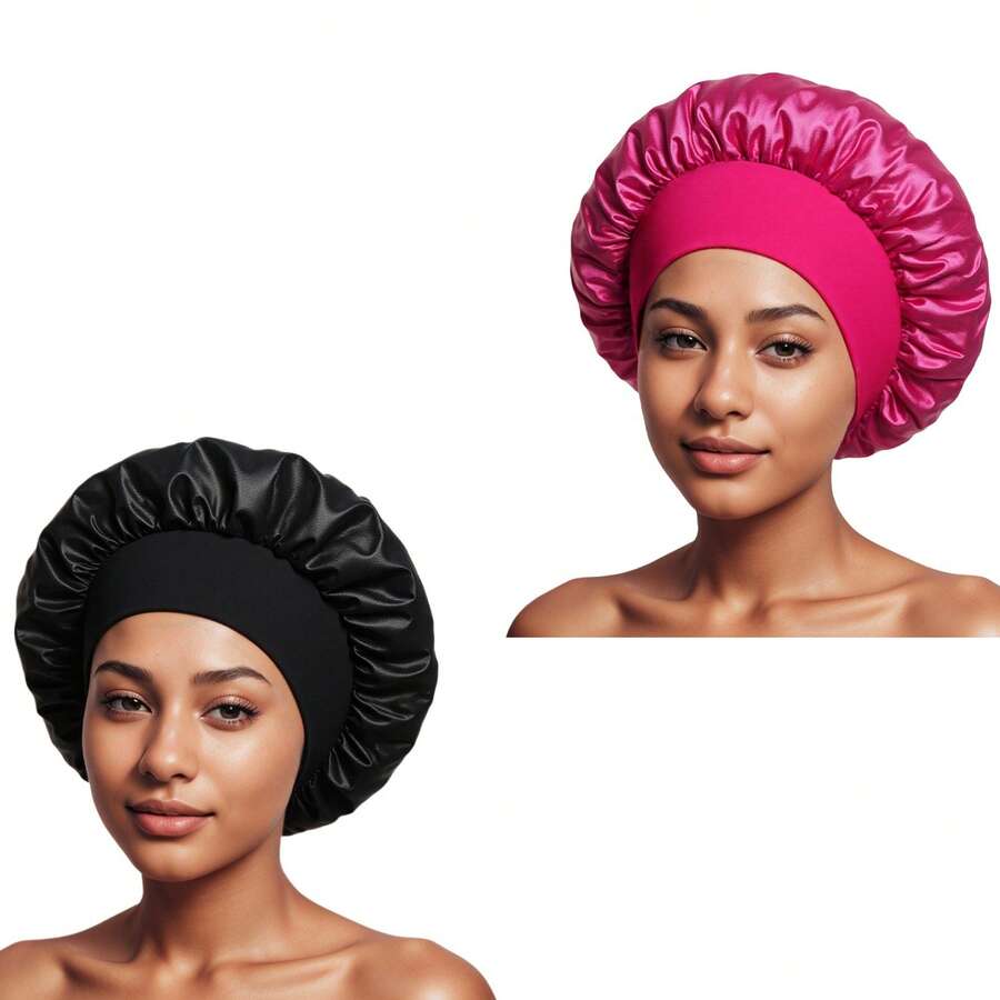 2Pcs Silk Bonnet For Sleeping, Satin Hair Bonnets, Soft Elastic Band Silk Sleep - Black+Rose Red - View 1