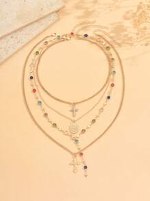 4 Stücke/Set elegante, mit Diamanten besetzte Halskette im Kreuz-Design für das Schlüsselbein, bunter Diamant Y-förmiger Lange Halskette, vielseitiges Design geeignet für den täglichen Gebrauch, Reisen, Partys, Festivals, zufällig angeordnete bunte Diamanten