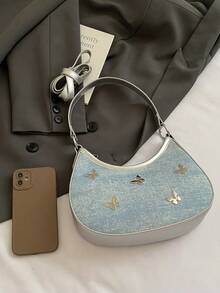 2025年夏季女士新月形手提包，蝴蝶金属装饰，时尚腋下包，多功能小单肩包，斜挎休闲钱包