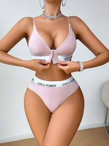 Front Close Wireless Letter Graphic Bra Sets For Women