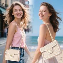 Straw Crossbody Bags For Women Summer Pearl Straw Clutch Purse Woven Shoulder Bag Vacation Handbags-0029 - Medium - 查看 2