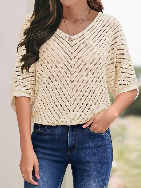 Women's Fashion Solid Color Hollow Out Ribbed Knit Cropped Sweater, Minimalist Style, Suitable For Spring, Summer And Autumn