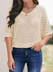 Women's Fashion Solid Color Hollow Out Ribbed Knit Cropped Sweater, Minimalist Style, Suitable For Spring, Summer And Autumn