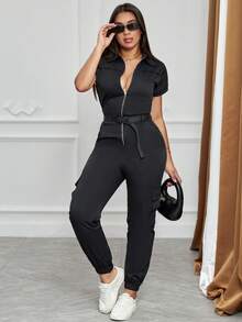 Women's Spring/Summer Short Sleeve Collared Zip Pocket Jumpsuit With Belt Black Elegant - Black - View 2