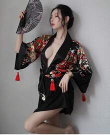 SINROYEE Anime Cosplay Women Cheongsam Lingerie Dress Japanese Kimono Costumes Dancer Chemise Side Slit - Black - View 3