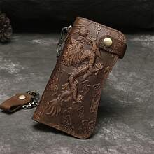 Men's Long Chain Wallet Bifold Wallet Leather Credit ID Cards Holder Biker Trucker Heavy Thick - 淺棕色龍 - 查看 3