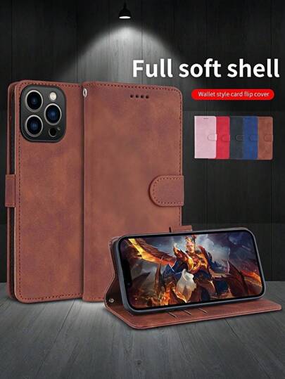 محفظة جلدية صلبة فاخرة مع ملصق زر، فتحات بطاقات، حماية RFID، حامل قابل للطي، وغطاء مغناطيسي متوافقة مع 16E، 16 برو ماكس، 15 بلس، 14، 13، 12، 11، X، XR، XS ماكس. غطاء واقي من الصدمات وضد الماء ومقاوم للخدش بتغطية كاملة لأغراض العمل