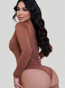 Body Feminino Manga Longa Decote Quadrado Suplex Elegante Estilo Casual Outono Inverno
