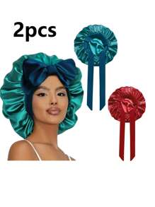 2 pezzi Bonnets da donna con cinturino elastico, in stile seta liscia, colore tinta unita, Bonnets in raso per la cura dei capelli, uso casuale e quotidiano