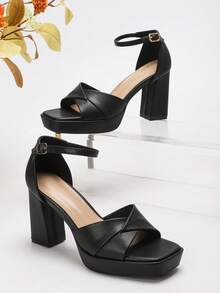 Women's High Heel Sandals With Distinctive Strap, Square Toe, Ankle Strap, Thick Platform, Chunky Heel, Black, Elegant, Fashionable, Versatile For Party, Vacation, Daily Wear