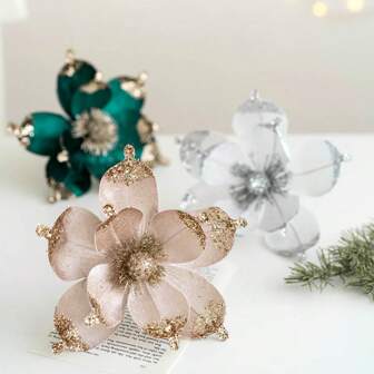 Sparkling Artificial Flower Christmas Decorations Flower Party Christmas Flower Window Display Floral Decor For Xmas Tree, New Year Party, Wedding Centerpiece, Festive Home & Kitchen Decor