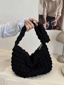 Soft Touch Large Capacity Women's Shoulder Bag, Casual Cloud Shaped Ruched Design, Korean Style New Arrival - Black - View 5