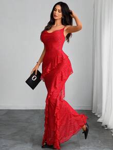 女士优雅现代性感浪漫蕾丝双层不对称荷叶边 V 领连衣裙 - 紅色 - 查看 2