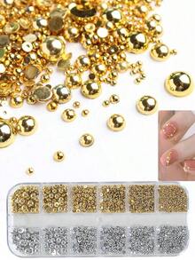 12 Grids Half Round Gold+Silver Pearls Nail Charms Metallic Flat-Back Beads Ball Mixed Size Nail Pearls Nail Gems Nail Supplies Nails - Vàng - Xem 2