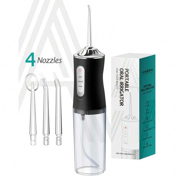 Irrigador bucal eléctrico 4 en 1, color rosa, irrigador dental, recargable por USB con 3 modos y 4 boquillas, capacidad de agua de 220 ml, resistente al agua IPX7, portátil para uso doméstico, viajes y regalos para hombres y mujeres