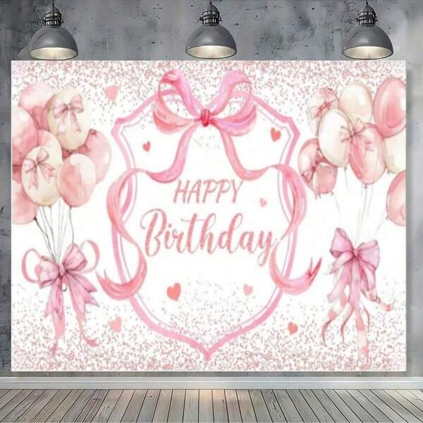 1pc Happy Birthday Pink Bow Banner For Party Decorations, Cake Tables And Sweet Portrait Photography For Home, Kitchen, Party Decorations Party Decorations Cake Table Supplies, Photo Booth Props Background Cloth.