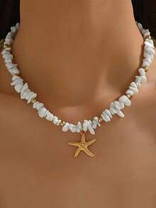 波西米亚软陶海星项链-米珠扇贝海星-适合女性日常搭配夏日沙滩 - 彩色 - 查看 5