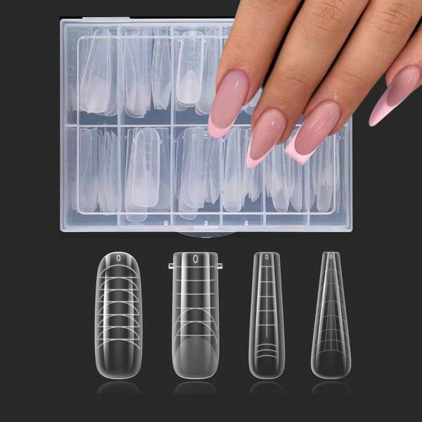96 Stück klare matte duale Nagelformen-Set, komplette Abdeckungsnagelformen-Spitzen, Acrylnagelverlängerungs-Werkzeuge, 4 Stile, 12 Größen, Maßstab für Poly Gel Nagelstudio Nageldesign