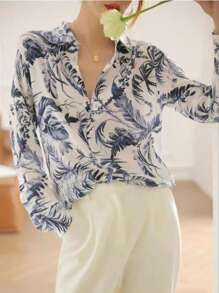 Women's Elegant New Fashionable Blue & White Porcelain Printed Long Sleeve Shirt, High-Quality Comfortable Fabric, Suitable For Spring, Summer, Autumn