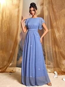 CHOSMO Abito elegante con volant lucido e tinta unita, adatto per appuntamenti serali, feste, compleanni, anniversari, lauree, vacanze in famiglia, balli - Blu - Visualizzare 6