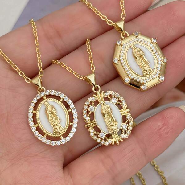 Colgante de Virgen María con efecto de goteo en estilos surtidos, con incrustaciones de cobre y circonitas cúbicas, collar religioso de moda para mujer, adecuado para uso diario