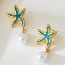 1 par de pendientes decorados con perla, pendientes para fiesta de playa con concha y elementos, pendientes multicomponentes con perla y rhinestone, pendientes con tema de playa, pendientes dulces y elegantes decorados con perla y rhinestone, regalo de joyería de alta gama para damas en citas de playa, verano