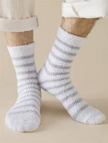 2 双男式舒适纯色温暖柔软毛绒条纹黑色袜子舒适蓬松四分之一袜子