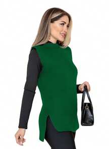 Long Knitted Vest Round Neck Casual Formal Autumn Winter - Green - View 3