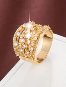 1pc Luxurious Wide Face Copper Ring With Cubic Zirconia For Women - Silver - View 3