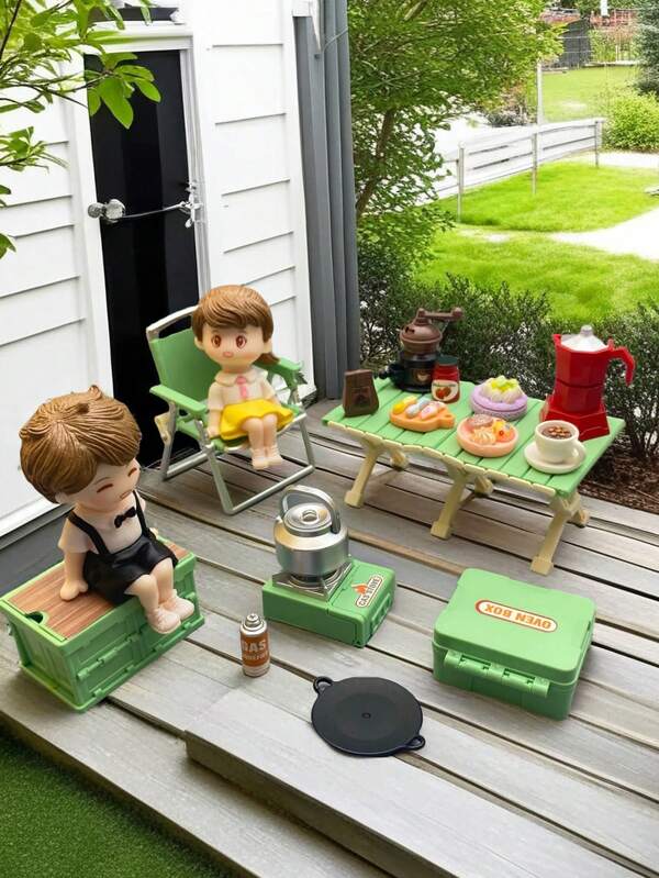 Juego de picnic en miniatura para exteriores, que incluye asientos, estufas, cajas de almacenamiento, cafeteras, alimentos, adecuado para escenas de casa de muñecas, escala miniatura de alta fidelidad, con personajes, comida, etc. Mini cosas, jardín de hadas, casa de muñecas, mini cosas, accesorios de muñecas