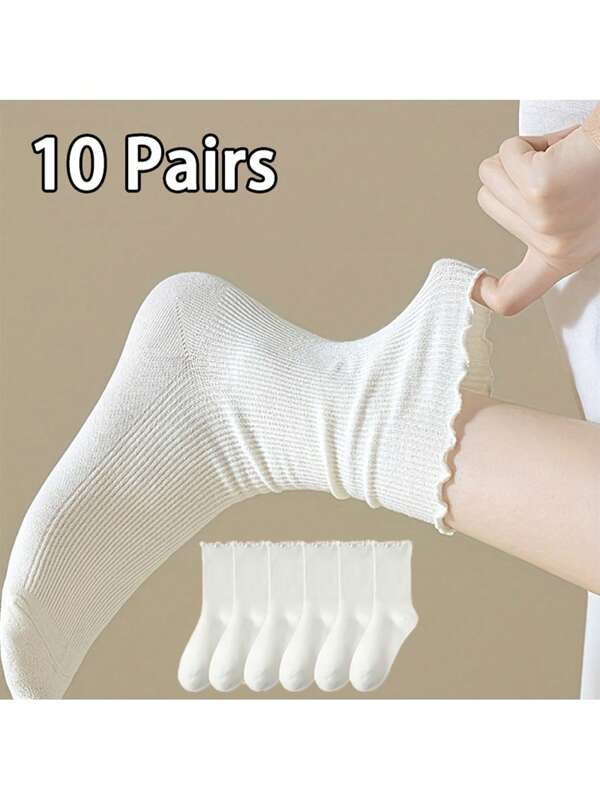 10 Pairs Plain White Lace Mid-Calf Socks For Women, Soft, Breathable And Comfortable