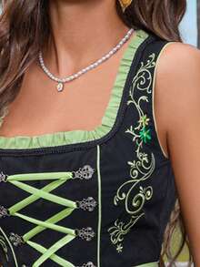 Halloween Carnival Costume Colorblock Embroidery Strap Dress With Apron, Suitable For Oktoberfest, Maid Uniform Cosplay & More - Black - View 4